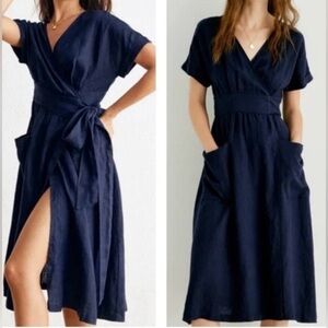 Grae Cove Frankie Linen Navy Blue Pocket V-neck Wrap Belted Midi Dress Large